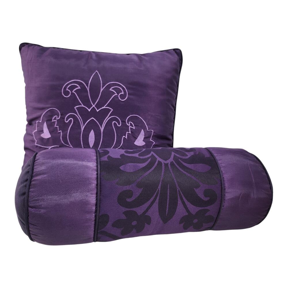 Set of 2 Purple Plum Decorative Bed Couch Pillow Square & Bolster Satin Jacquard
